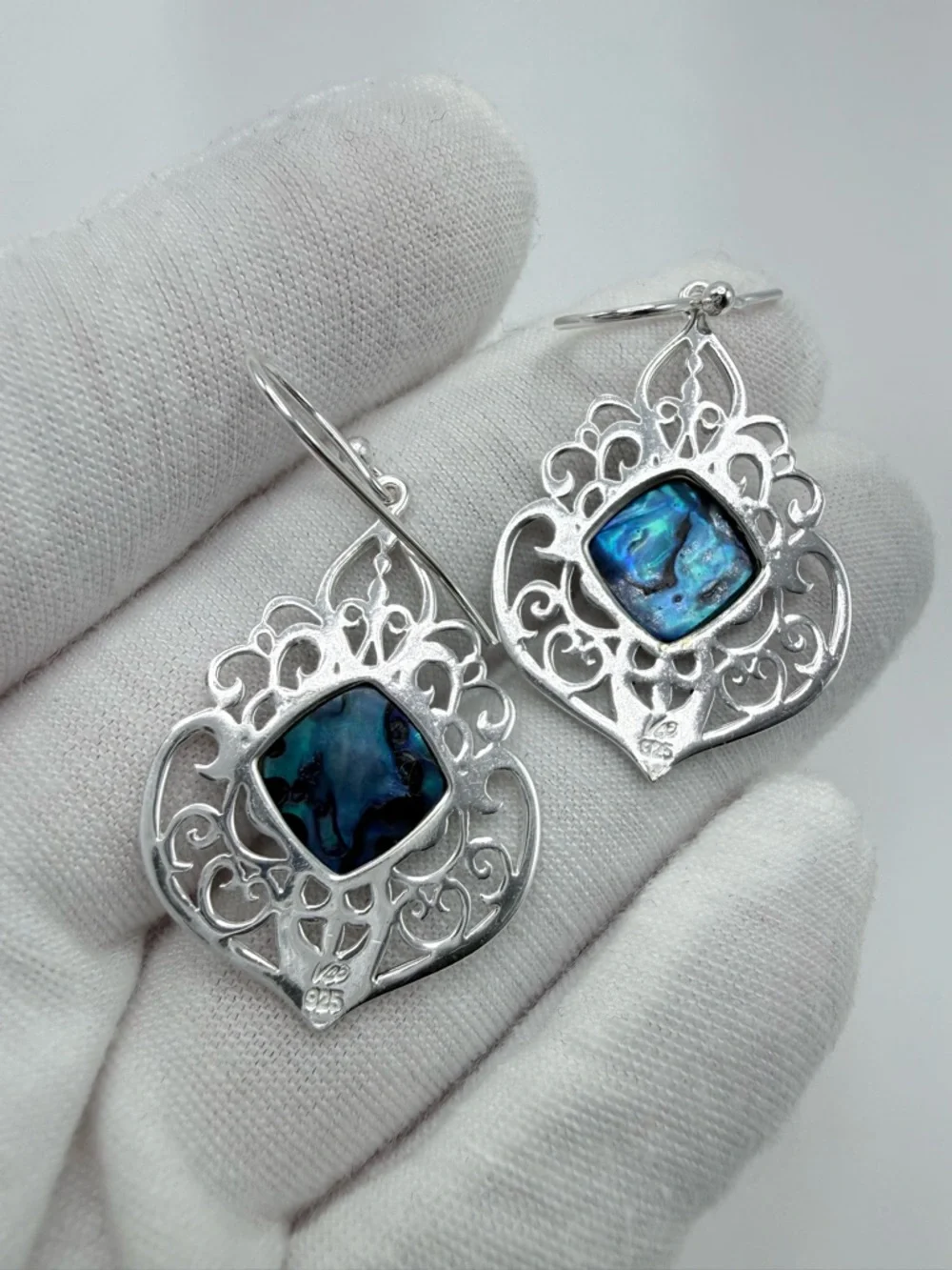 Blue Abalone Shell Filigree Design .925 Sterling Silver Earrings - Picture 8 of 11